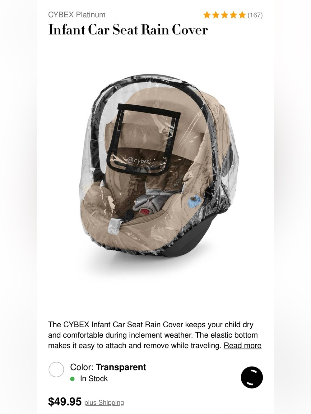 CYBEX Infant Car Seat Rain Cover - Transparent/Black- NEW!